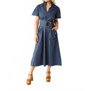 Chic Denim Blue Midi Dress with Belt